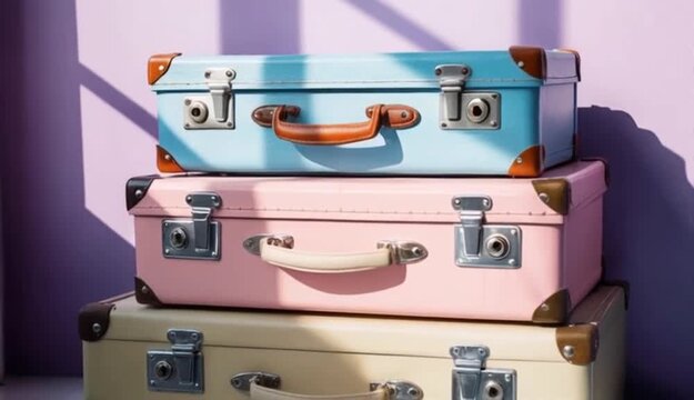 Three vintage suitcases stacked against a lilac wall with sunlight streaming in the room