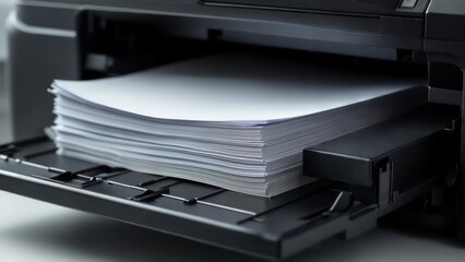 Close-up of a stack of white paper loaded in a printer tray, ready for printing documents.