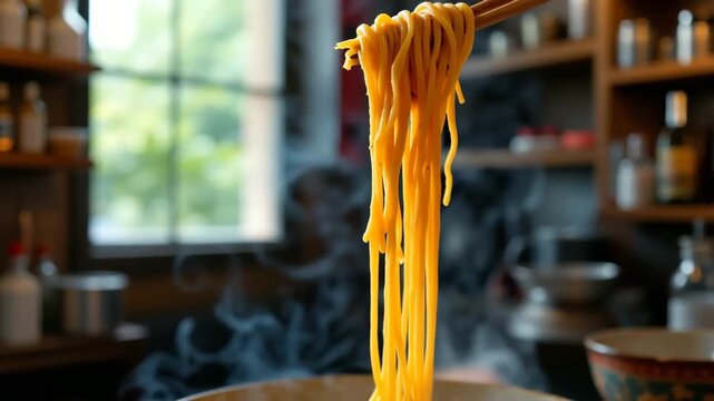 Noodle Delight: A close-up shot of golden noodles being lifted by chopsticks from a steaming bowl, presenting the sensory allure of a delightful culinary experience.