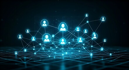 The network effect concept. A hologram starts with two connected users. As new users join, the value and connections grow exponentially.