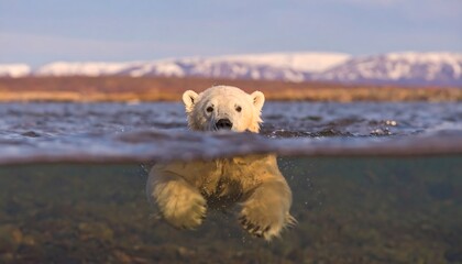 Polar bear swims in shallow, clear water, with snowy mountains in the distance