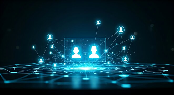 The network effect concept. A hologram starts with two connected users. As new users join, the value and connections grow exponentially.