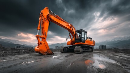 Heavy Excavator with Orange Color and Powerful Arm on Construction Site