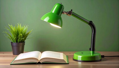 A green desk lamp next to an open book and potted plant