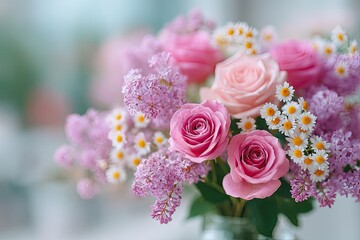 Macro Shot of Pink Roses and Lilacs Bouquet in Soft Light with Blurred Background