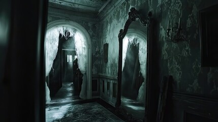 A smoky room with a large ornate mirror shows a ghostly shadowy figure reflected, adding a supernatural presence to the dimly lit Victorian-style interior. Generative by AI