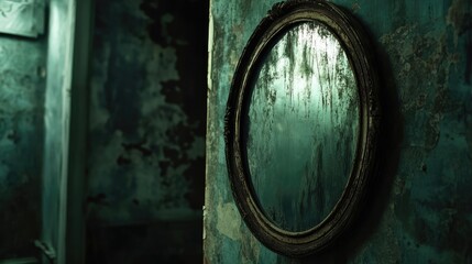 A smoky room with a large ornate mirror shows a ghostly shadowy figure reflected, adding a supernatural presence to the dimly lit Victorian-style interior. Generative by AI