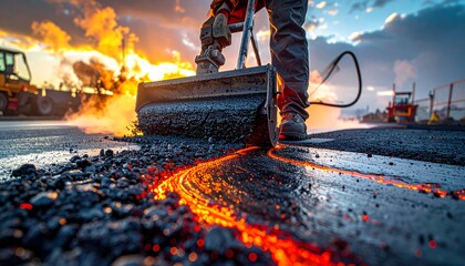 A construction worker operates a hot asphalt roller, compacting a road surface with glowing molten material under a dramatic sunset sky.