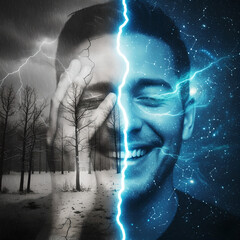 A surreal double exposure portrait showing two different color of mood of life , photo realism, vector art, illustration art 