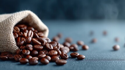 Macro Shot of Roasted Coffee Beans Spilling from Burlap Sack on Dark Blue Textured Surface Showing Rich Aroma and Texture