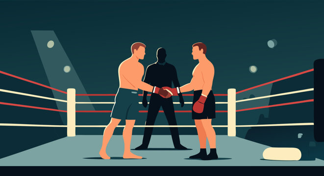Boxers' Solidarity in the Ring: Two muscular boxers, clad in shorts and gloves, engage in a pre-fight handshake within the ring, watched over by a referee.