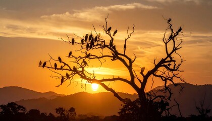 Sunset silhouettes birds perched on a barren tree