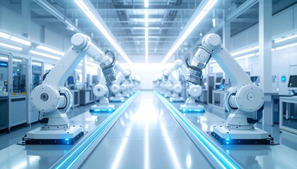 Robotic arms line up on a conveyor belt in a bright, modern factory setting