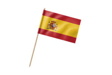 High-Quality Photo of a Small Spanish Flag on a Wooden Pole, Waving Gently in the Breeze on Transparent Background