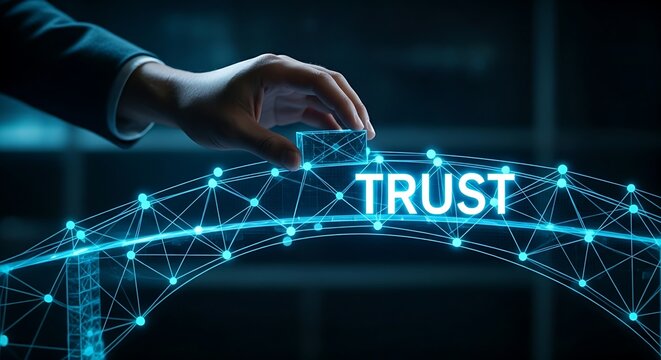 Building trust concept. A hand adds the final block to a holographic bridge. When completed, the word "TRUST" lights up along its structure.
