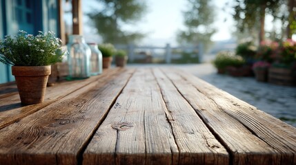 Rustic Wooden Tabletop with Potted Plants in Outdoor Setting Under Soft Natural Lighting