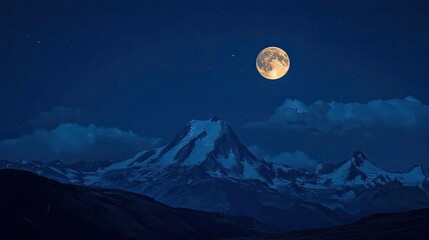 Full moon and star trails over snow-covered mountain at night. Long exposure captures motion of stars around clear night sky. Generative by AI