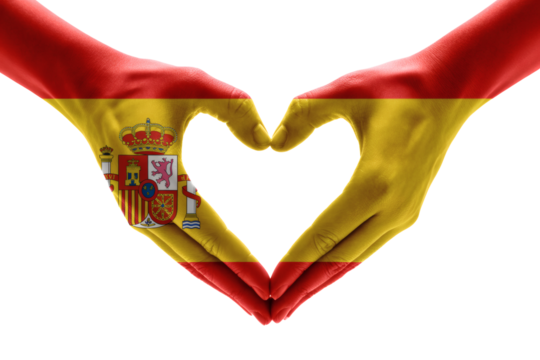 Two Bold Painted Hands Forming a Heart Shape with the Spanish Flag Design on Transparent Background