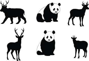Vector collection of deer and panda illustrations in black and white silhouette style, perfect for wildlife design, nature art, and projects