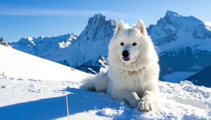 Snowy dog poses in a winter landscape with jagged mountain peaks in the distance