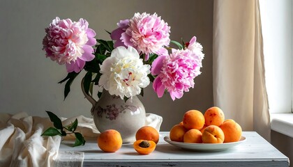 Still life with peonies and apricots © Design