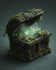 Ancient Moss-Covered Treasure Chest Radiating Ethereal Light, Fantasy Concept.