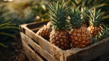 Fresh Pineapples in Wooden Crate Surrounded by Lush Greenery at Sunset