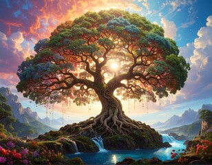 Majestic mythical tree, radiant sunrise landscape