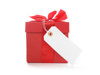Gift box with blank tag isolated on white