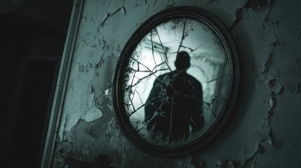 Broken dusty mirror in wooden frame reflects blurred silhouette of a person standing in dim light, surrounded by cobwebs and worn textures in an abandoned room. Generative by AI