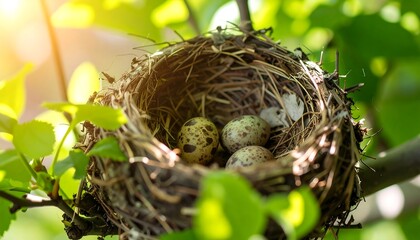 Three speckled bird eggs nestled in a twig nest, sunlight filtering through green leaves.
