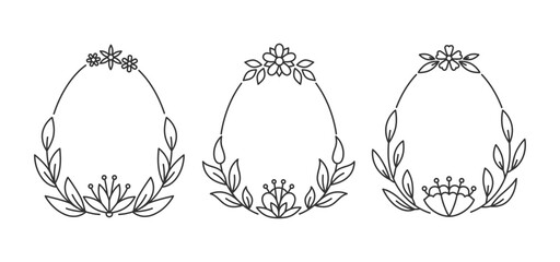 Floral egg shaped outline frame with leaves branches berries blossoms. Three oval black line border forms decorated top and bottom by cute minimalistic flowers, thin curved stems, botanical accents