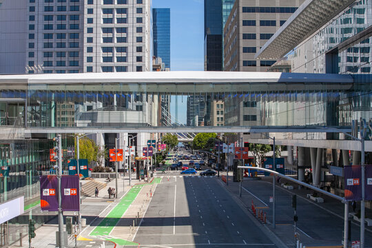 Glass pedestrian bridge connecting Moscone Center buildings in downtown San Francisco