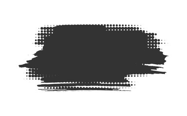 Grunge blot with rough edges. dry brush stroke textured ink smudge. Halftone dotted abstract dirty stripe, black paint stain. Edgy scratch, bold patch, messy details grain smear on white background
