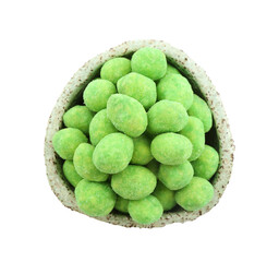 Wasabi coated peanuts in bowl isolated on white, top view