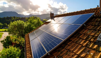 Solar panels on a terracotta roof, mountains in the background