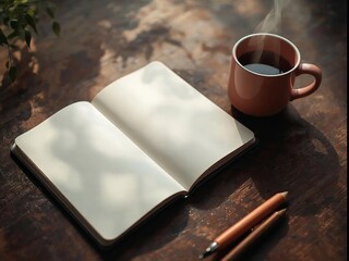 A cozy and rustic flat lay of an open notebook with blank pages, a cup of black coffee, and a pen on a dark wooden table. This scene evokes a sense of morning journaling, writing, or planning