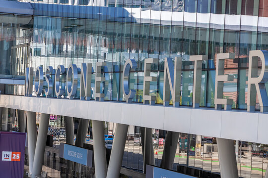 Moscone Center exterior with signage and hall entrances in San Francisco, California