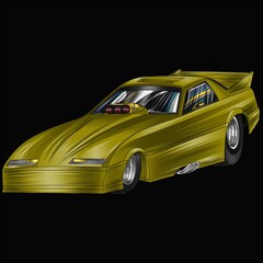 Drak yellow and painted racing car. Isolated in black background, for t-shirt design, print. and for business purposes.