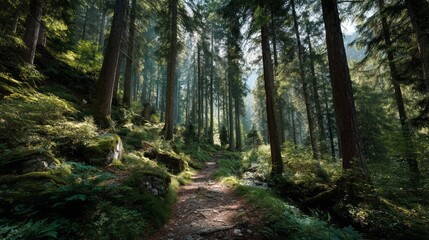 Fototapeta premium Serene Forest Pathway Surrounded by Lush Greenery and Towering Trees