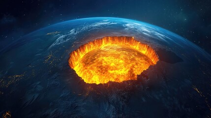 Giant sphere of molten lava glows intensely while embedded in cracked terrain, radiating heat and surrounded by smoke and clouds. Generative by AI