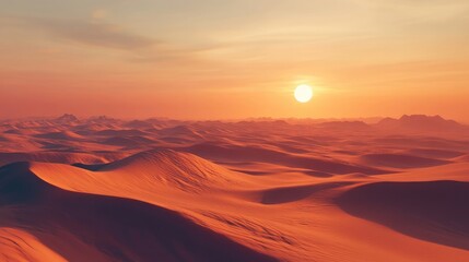 Desert landscape illuminated by intense sunset with golden-red sand dunes, scattered rocky formations, and dramatic clouds glowing from low sun on horizon, casting long shadows. Generative by AI