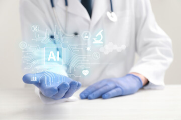 Fototapeta na wymiar Artificial intelligence medical assistant. Healthcare worker holding virtual AI microchip at table, closeup