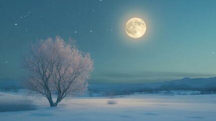 Snow-covered forest clearing at night under a full moon, with frost-covered trees and small bushes casting soft shadows on undisturbed snow, moonlight gently illuminating fog. Generative by AI