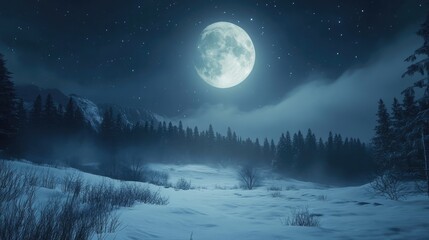 Snow-covered forest clearing at night under a full moon, with frost-covered trees and small bushes casting soft shadows on undisturbed snow, moonlight gently illuminating fog. Generative by AI