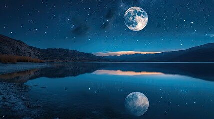 Full moon reflected clearly in still lake under star-filled night sky, surrounded by dark mountains and shoreline, stars scattered above horizon line with fading twilight glow. Generative by AI