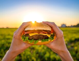 A burger held aloft against a sunset
