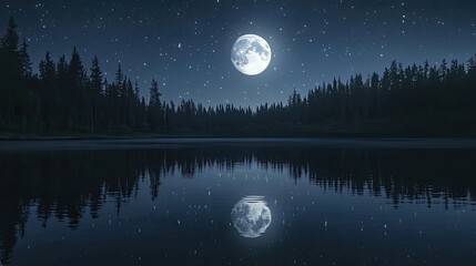 Full moon reflected clearly in still lake under star-filled night sky, surrounded by dark mountains and shoreline, stars scattered above horizon line with fading twilight glow. Generative by AI