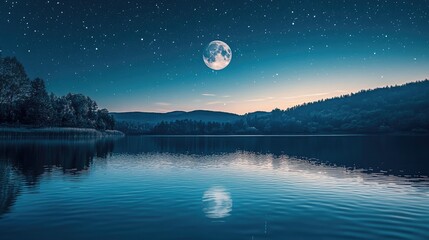 Full moon reflected clearly in still lake under star-filled night sky, surrounded by dark mountains and shoreline, stars scattered above horizon line with fading twilight glow. Generative by AI