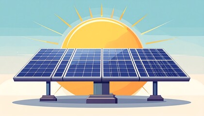 Solar panel illustration under a shining sun with blue sky and soft beige background